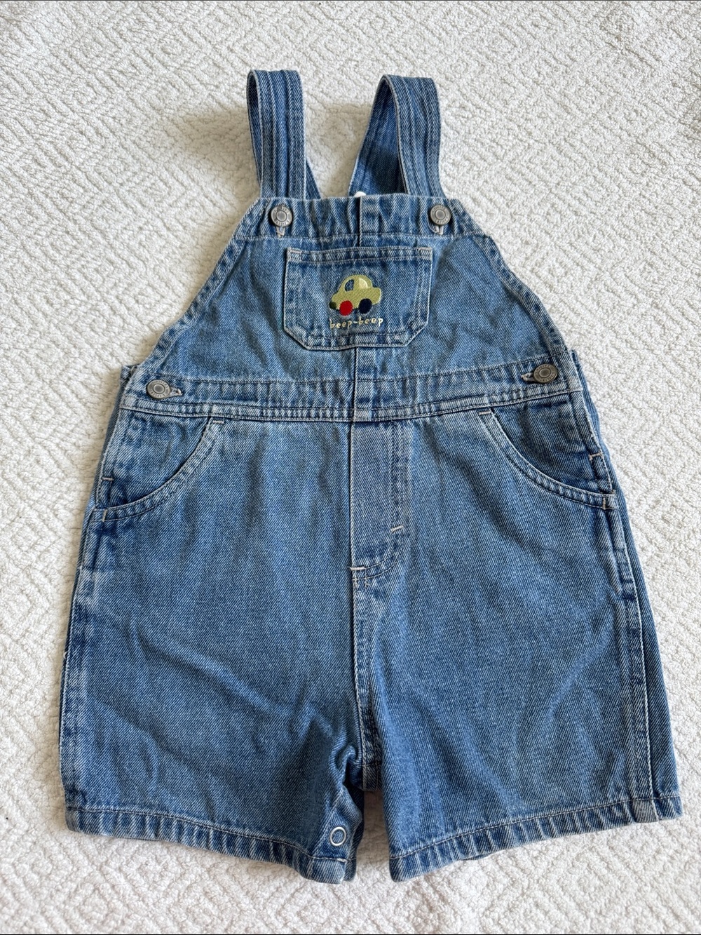 Vintage Carter's Denim Short Overalls with Yellow Car Patch